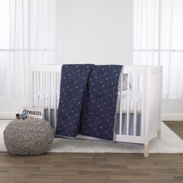 3 Piece Crib Bedding Set - Navy, Grey and White - Comforter, Fitted Crib Sheet and Dust Ruffle