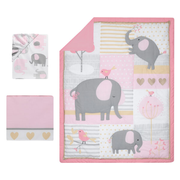 3-Piece Crib Bedding Set - Pink, Gray, White, Animals - Image 2