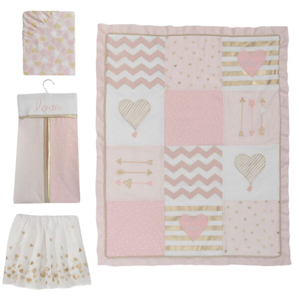 Baby Love Pink/Gold Heart 4 Piece Crib Bedding Set - Image 2